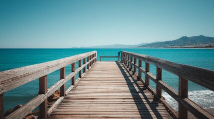 Fototapeta premium Wooden pier stretching into calm ocean, a serene escape into simplicity and peace 