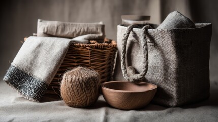 Natural linen textiles and handmade baskets arranged for rustic interior design and eco friendly storage styling