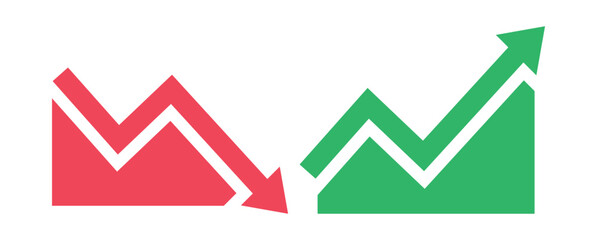 Graph going down and up sign with green and red arrows vector. Bar chart symbol icon with arrow moving down and sales bar chart with arrow moving up.