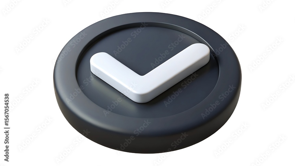 Poster 3d render of a check mark symbol on a dark gray circular button indicating approval verification and