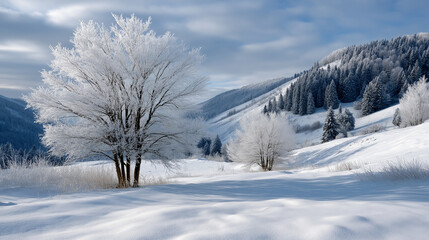 Obraz premium Serene winter landscape with snow-covered trees and bright sky.