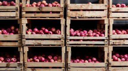 Crates of red apples in warehouse storage for harvest distribution and organic fruit packaging photography concept