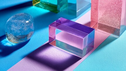 Colorful glass prisms and geometric shadows for abstract product photography with modern lighting setup concept
