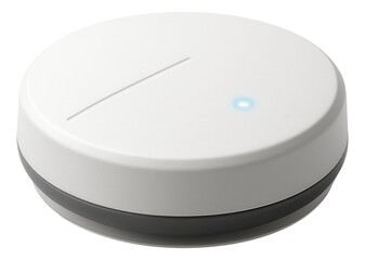 A flat, circular water leak sensor with adhesive backing for easy installation on bathroom floors to detect leaks.