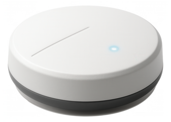 A flat, circular water leak sensor with adhesive backing for easy installation on bathroom floors to detect leaks.