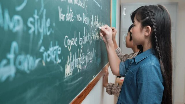 Skilled asian girl writing engineering prompt and programing system while standing blackboard with generated AI prompt written by diverse smart student at STEM technology lesson. Education. Pedagogy.