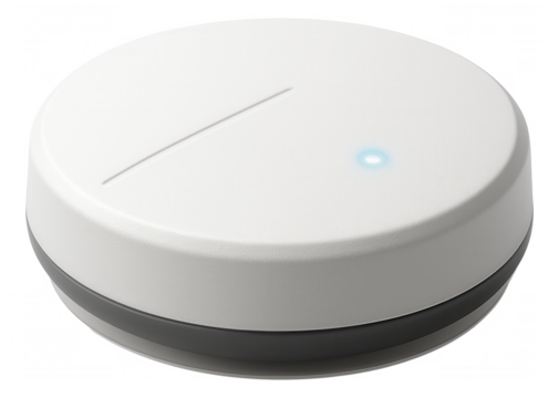 A flat, circular water leak sensor with adhesive backing for easy installation on bathroom floors to detect leaks.