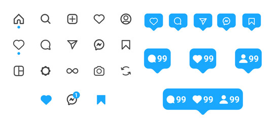Instagram interface icon set with transparent background and social media logo symbols for mobile app UI UX design and digital communication vector illustration
