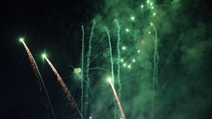 Green fireworks exploding in the night sky