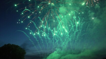 Green fireworks exploding in the night sky