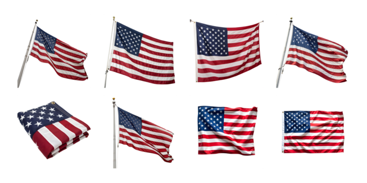 A collection of american flags, isolated on transparent background