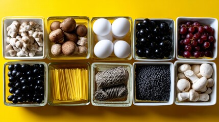 Various ingredients and spices arranged in compartments on yellow background for cooking preparation and culinary design concept