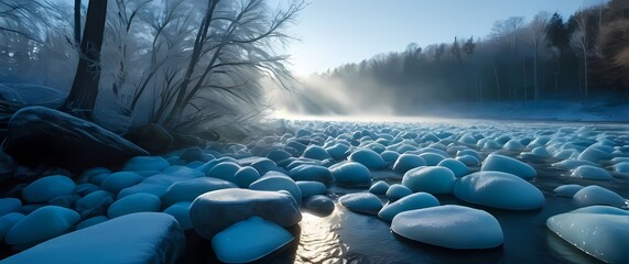 Frozen river rocks covered in icy blue frost under soft morning sunlight filtering through trees