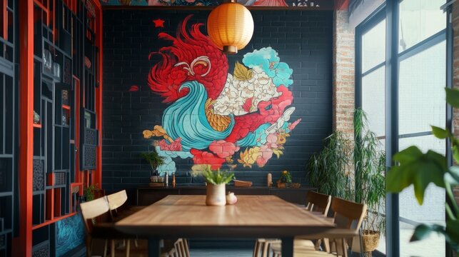 Modern cafe interior with mural artwork red chairs and window light for creative restaurant design photography concept