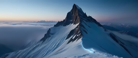 Frozen snow covered mountain peak under crisp clear blue sky with sharp rugged silhouettes
