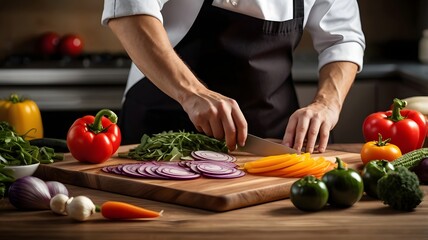 Chef cutting fresh vegetables on wooden board. Ideal for food, cooking, and culinary visuals.