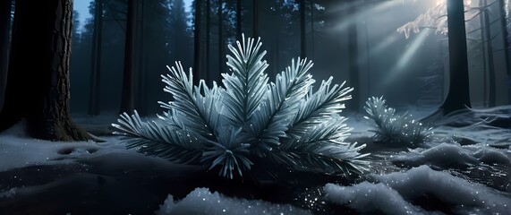 Frozen sharp frosty pine needles coated with sparkling ice crystals against dark woodland floor