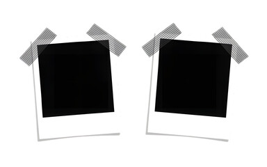 Set of photo frames mockup hanging by black adhesive tapes with shadows isolated on transparent background