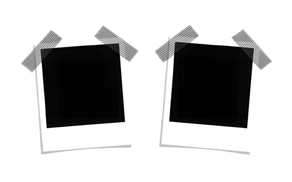 Set of photo frames mockup hanging by black adhesive tapes with shadows isolated on transparent background