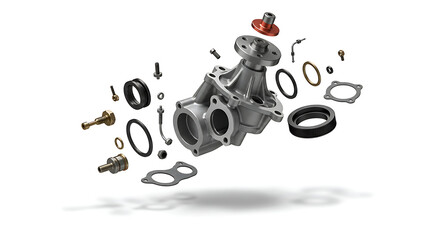 An expertly rendered exploded view of a new automotive water pump, meticulously disassembled to showcase every individual component.