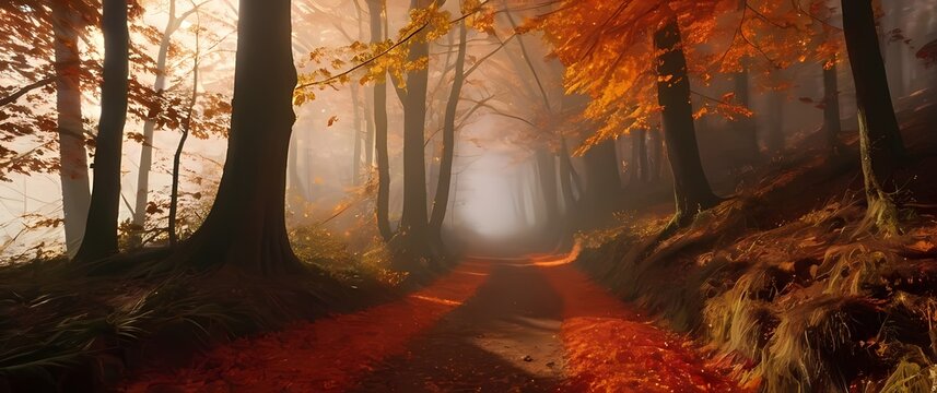 Golden autumn forest path blanketed with glowing orange and red leaves under soft sunlight