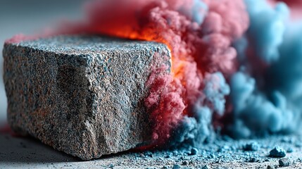 Colorful smoke bomb releasing pigment on block in urban environment for creative visual explosion photography concept