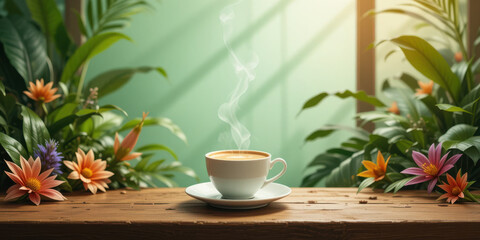 Steaming cup of coffee sits wooden table surrounded by vibrant flowers and lush greenery