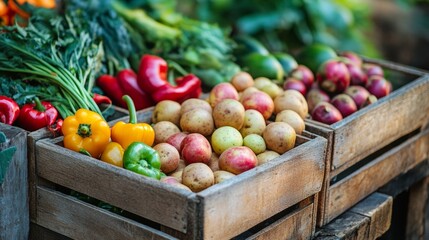 Wooden crates filled with fresh vegetables at farm stand for organic agriculture market photography nature concept