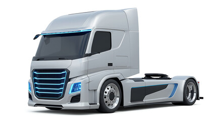 A sleek, silver semi-truck with a futuristic design, featuring glowing blue LED accents on its grille and side panels.