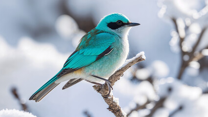 Obraz premium Turquoise bird perched on snow covered branch winter scene animal portrait