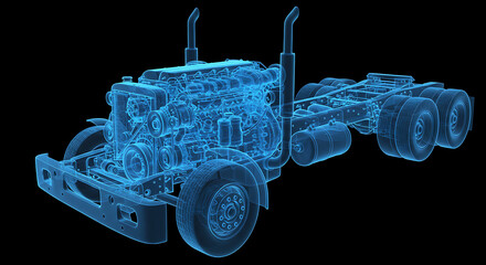 A detailed 3D rendering of a semi-truck, presented as a glowing blue holographic X-ray