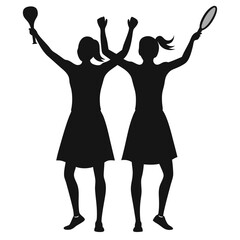 Silhouette image of two female tennis players winning