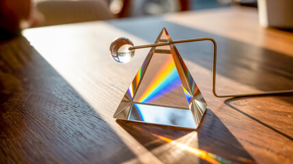 A close-up photograph of a crystal prism on a dark wooden surface. The prism is triangular in shape with a flat base and three transparent sides.