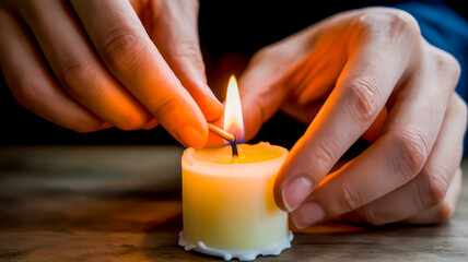 A close-up photograph of hands lighting a white wax candle against a dark background.