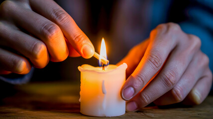 A close-up photograph of hands lighting a white wax candle against a dark background.