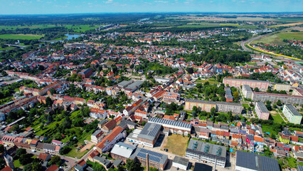 Aerial view of the dowtown of the city Roßlau in Germany on a sunny afternoon in spring	
