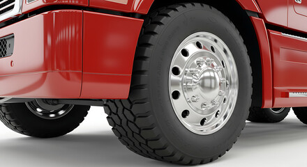 A detailed close-up of the front wheel of a modern, heavy-duty red truck, isolated on a clean white background. 