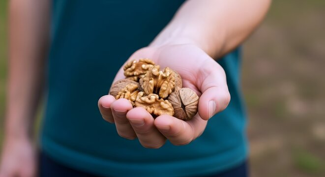 Person Holding a Handful of Walnuts, a Healthy Snack
