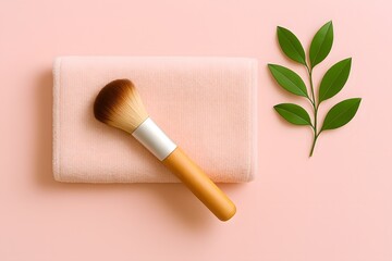 Makeup Brush Towel and Green Leaf on Pink Background