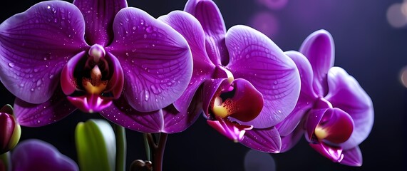 Macro of intense purple and pink orchid flowers with intricate petal veins and dew