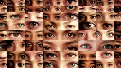 Grid of diverse eyes, close-ups showing different iris colors, shapes, and skin tones in a mosaic arrangement