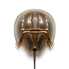 A horseshoe crab stands in striking detail, presenting its unique shell structure and ancient heritage in sharp focus.