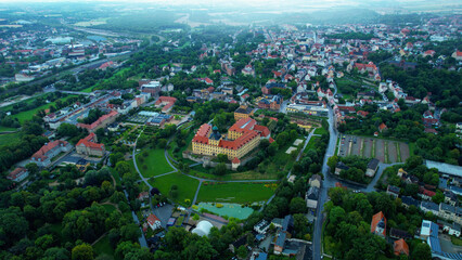 Aerial view of the old town of the city Zeitz in Germany on a cloudy and rainy afternoon in spring	

