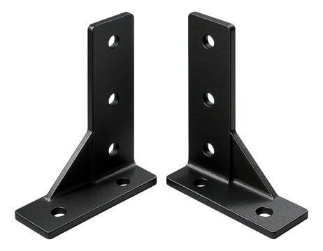 L-shaped brackets for mounting a workbench to a garage wall, ensuring stability with their thick steel construction.