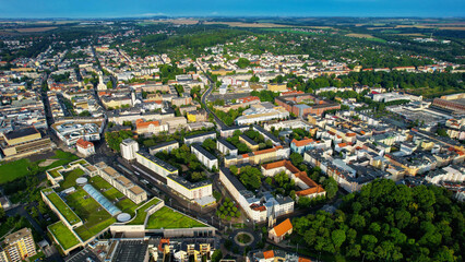 Aerial view of the old town Gera in Germany on a sunny afternoon in spring	

