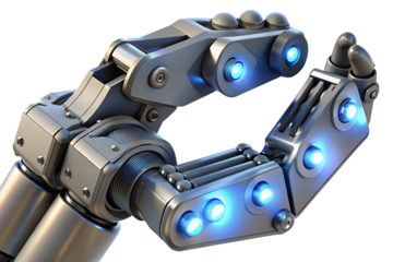 Futuristic robotic arm with glowing blue lights against a transparent background, displaying technology and advanced engineering.