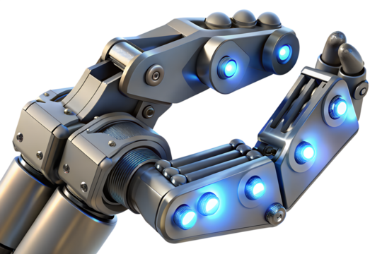Futuristic robotic arm with glowing blue lights against a transparent background, displaying technology and advanced engineering. - Powered by Adobe