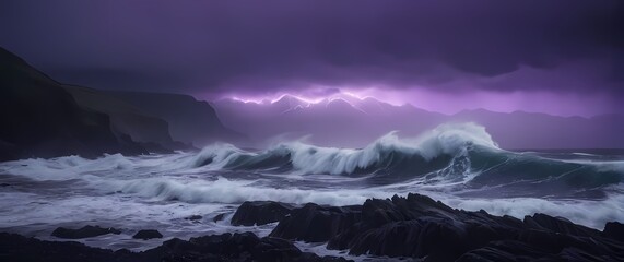 Moody stormy ocean waves crashing on jagged shore under ominous purple sky