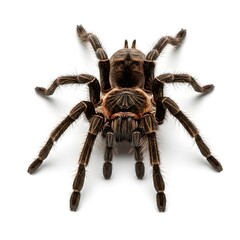 A macro shot of a menacing tarantula, captured in high detail against a clean background. Highlighting its imposing form and intricate texture.