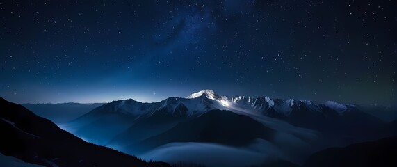 Naklejka premium Night sky filled with millions of stars above snowy mountain silhouette in dark indigo hues